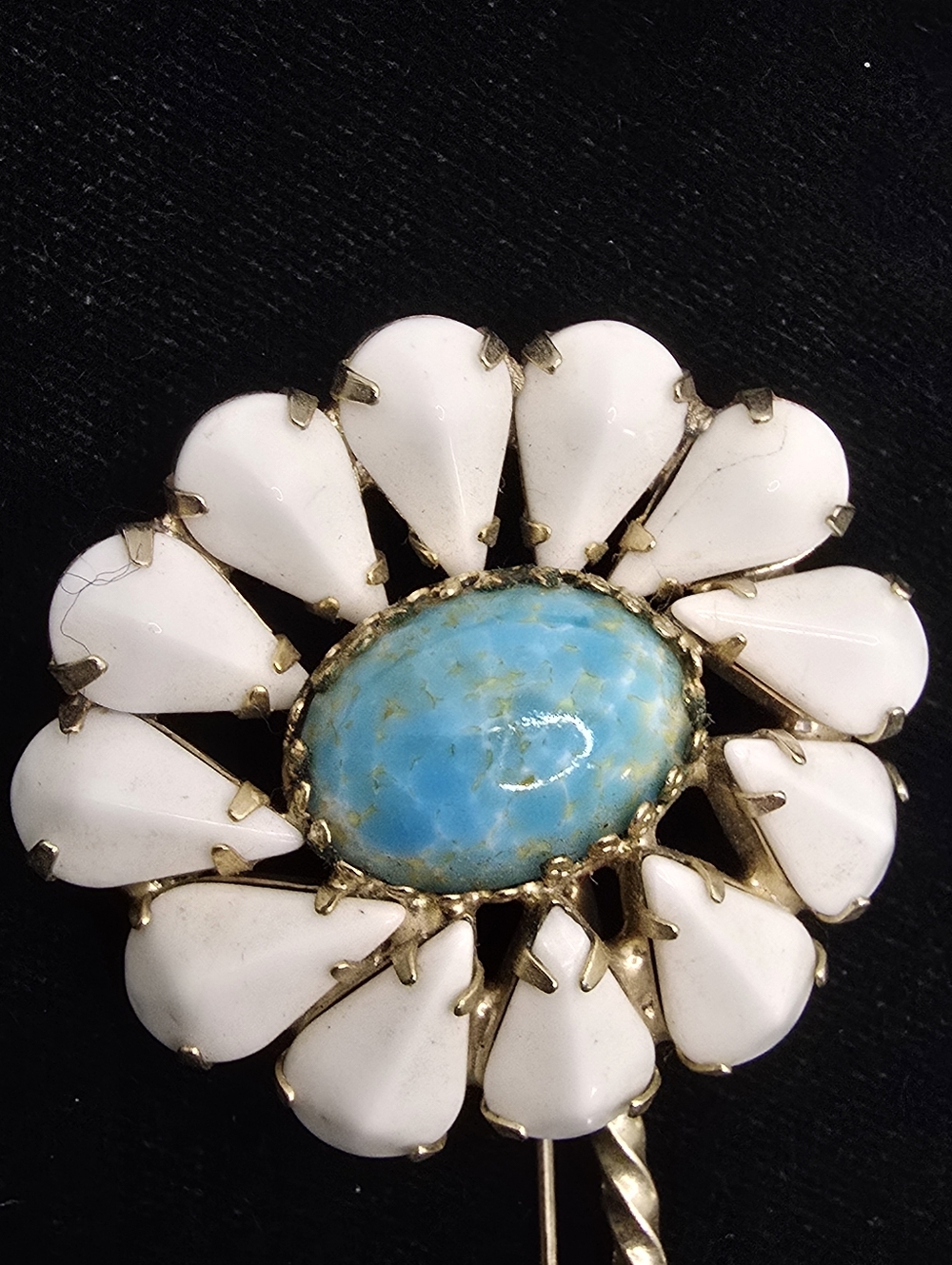 Vintage Rhinestone White Turquoise Daisy Brooch 1950s 1960s Spring Summer - Picture 4 of 7